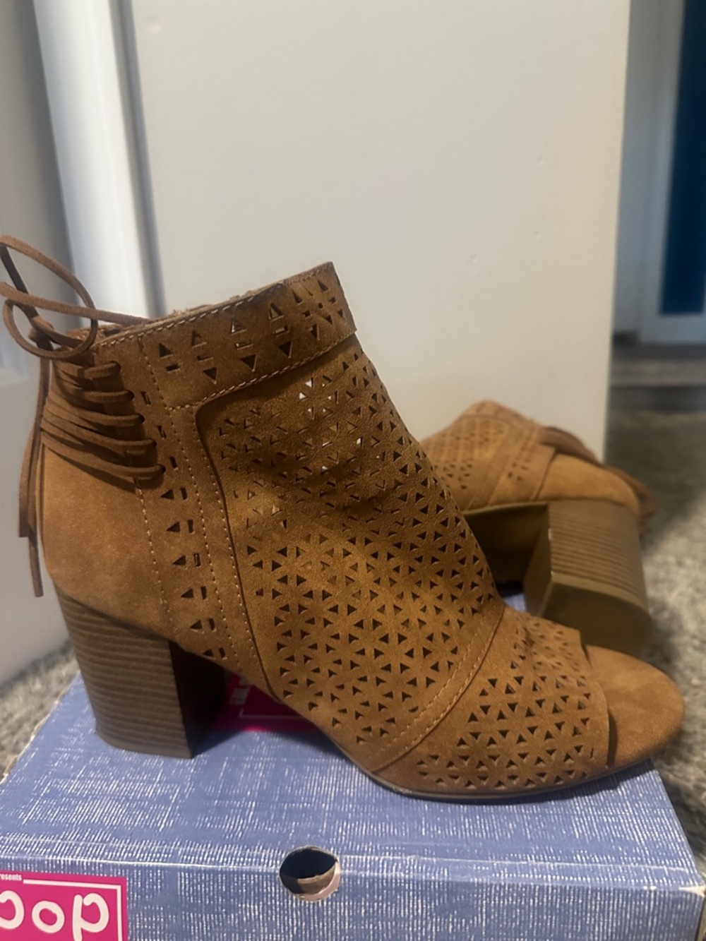 pop Tan Suede Laser-Cut Peep-Toe Ankle Booties
